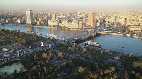 River Nile and central Cairo at sunset. Aerial view. Stock Footage 129622314