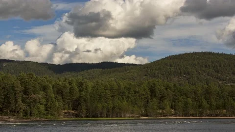 River Otra, conifer forest and large cumulus clouds,4k,timelapse Stock Footage 230225049