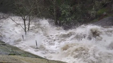 River overflowing and with high water flow and force due to heavy rains causing Stock Footage 254599403