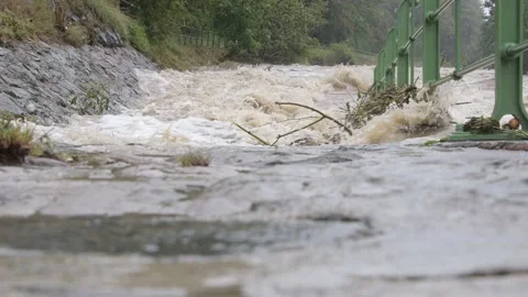 The river overflows during a flood, flooding trees and the pedestrian pavement Video stock 284735425