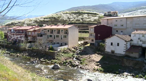 River passing by small town high on the left bank, cherry trees on terraces Stock Footage 49034364