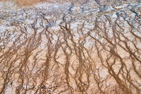 River pattern detail of alkaline waters trickling down by spring in Yellowstone Stock Photos