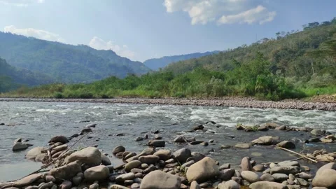 River in Peru with trees, shore and mountains. Stockbeeldmateriaal 282219295