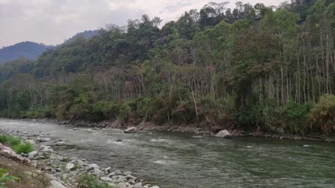 River in Peru with trees, shore and mountains. 動画素材 283208677