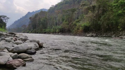 River in Peru with trees, shore and mountains. Vidéo 283208792