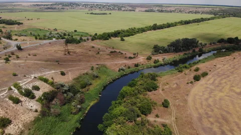 River on the plain drone view Stock Footage 142160326