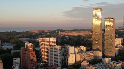 River Plate Monumental Stadium in Buenos Aires Skyline at Sunset Video stock 331897664