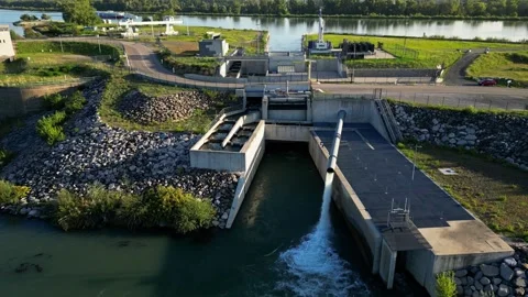 River pollution treatment system on the Rhone River in France Stock Footage 295003043