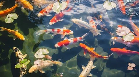 River pond decorative orange underwater fishes nishikigoi. Aquarium koi Asian Stock Photos