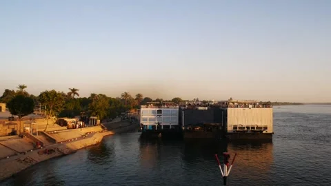 The river port of Kom Ombo, Egypt, with the related temple and the river Nile Stock Footage 313118127