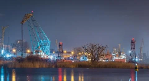 River port at night time. Rays from the lights Stock Photos