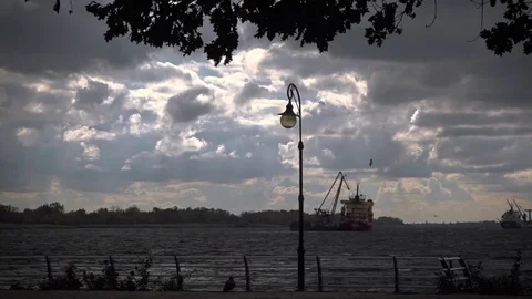 The river port raid. Bulk cargo loading in roadstead. Stock Footage 81670088