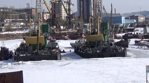 River port on the Siberian river in winter Stock Footage 75563783
