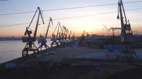 River port from the train window at sunset Stock Footage 61934688