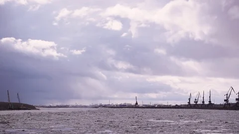 River port under a scowling sky Stock Footage 75074307