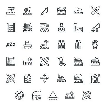 River Premium Vector Bundle with 35 64x64 Grid Fitted Regular Line Icons Stock Illustration
