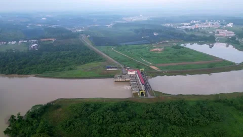 A river with pump gate. Aerial view Sungai Johor at Kota Tinggi, Johor Видео 325841544