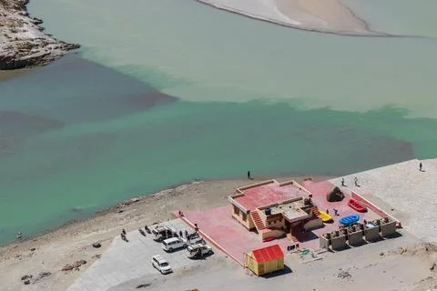 River rafting point at the confluence of the Indus and Zanskar Rivers, known  Stock Photos