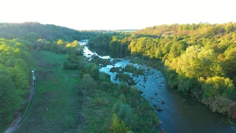 River with rapids. Beautiful fall nature by the river. Aerial view. Stock Footage 288220386