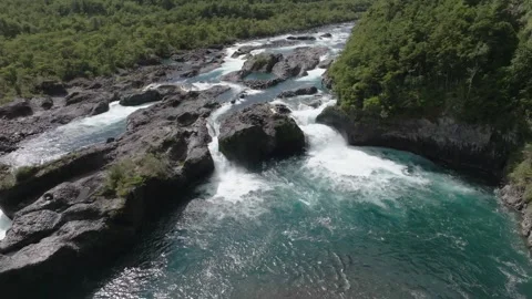 River Rapids Through Forest and Volcanic Rocks in Chile Petrohue Waterfalls Stock Footage 310613146