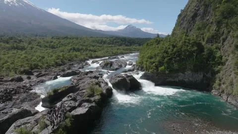 River Rapids Through Forest and Volcanic Rocks in Chile Petrohue Waterfalls Stock Footage 310614189