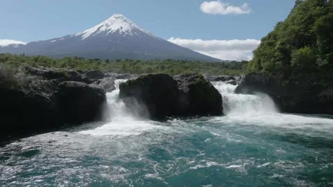 River Rapids Through Forest and Volcanic Rocks in Chile Petrohue Waterfalls Stock Footage 310614352