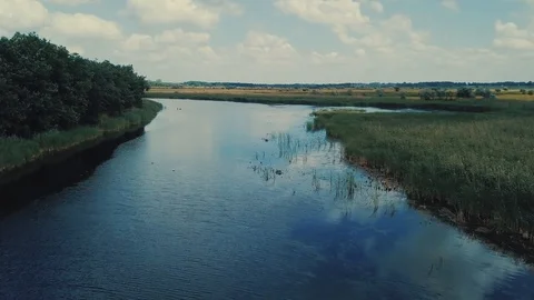 River reflects white clouds and green field with ground road aerial view Stock Footage 112306201