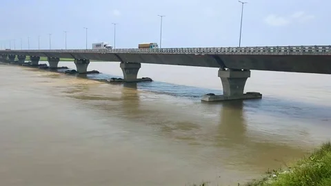 River road bridge with parallel railway bridge at the time of flood Stock Footage 138802666