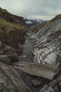 River running between steep cliffs landscape photo Stock Photos