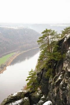 The river running in a gorge between mountains, view from the hill. Stock Photos