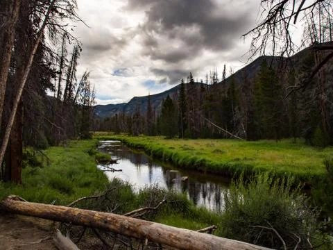 River Running Through Marsh in Valley Stock Photos
