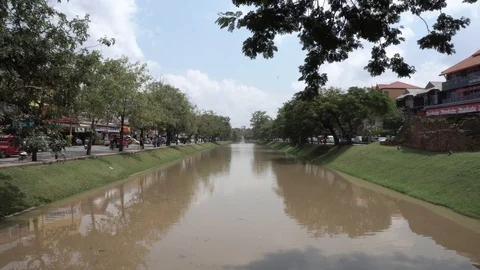 River running through the Old City in Chiang Mai, Thailand. Stock Footage 122987464