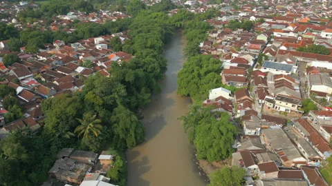 River Runs Through Downtown Jember City East Java Indonesia Drone Track 库存影片 345014004