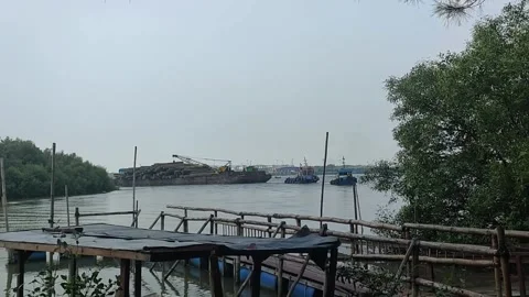 River scene with barge towing logs Stock Footage 321481787
