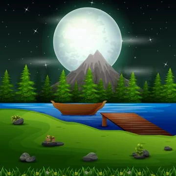 River scene on the full moon night with boat and bridge Stock Illustration
