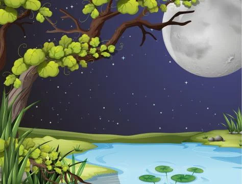 River scene on fullmoon night Stock Illustration