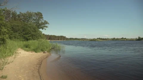 A river scene in green summer meadows and forest in the background Stock Footage 161153148