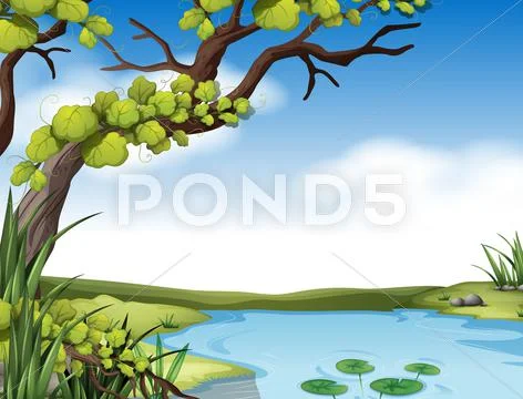 River scene with tree on the river bank Stock Illustration