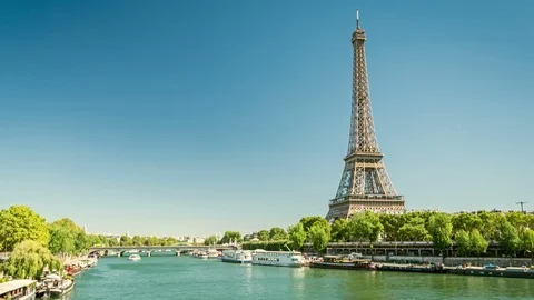 River Seine and Eiffel tower. Clear blue sky, sunny summer day. Stock Footage 87766238