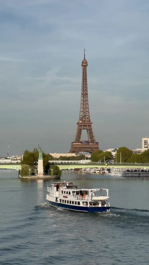 River Seine Boat Passing Eiffel Tower With Paris City View Stock Footage 327352550