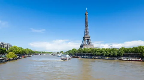River Seine with the Eiffel Tower in the distance, Paris, France - Time lapse Stock Footage 54131513