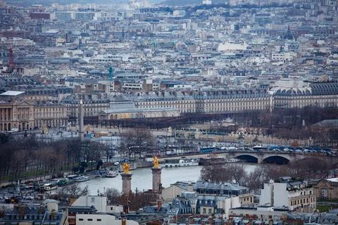 River Seine, Place de la Concorde in Paris, arial view at dusk Stock Photos