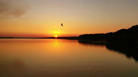 River at the setting sun. Beautiful orange sunset over the evening river Stock Footage 135400239