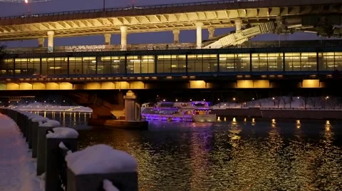 River ship in the evening in the city Stock Footage 46605635