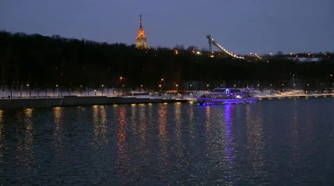 River ship in the evening in the city Stock Footage 46605685