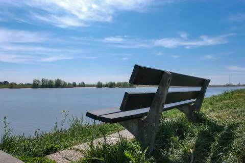 River shore and empty bench. Summer landscape of a river with calm water Stock Photos