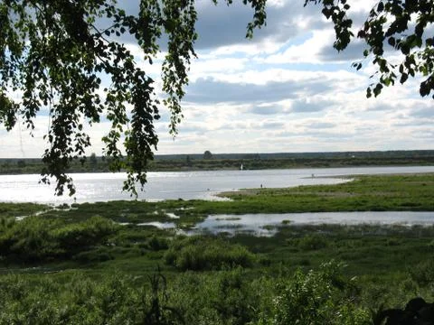 River, shore, forest and cloudy sky Stock Photos