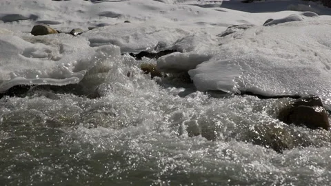 River shot flowing under the snow in gangotri town Video stock 203715135