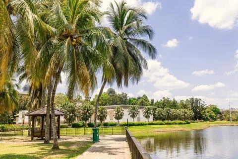 River side with palm strees and pavillion in Putrajaya Malaysia Stock Photos