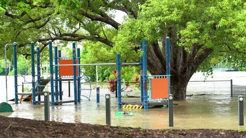 River side park flooded after the heavy rain in West End, Brisbane, Australia Video stock 229401793
